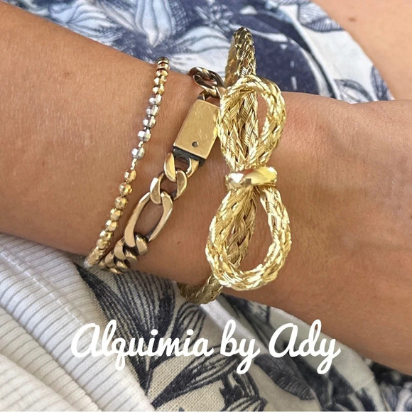 Lux Gold steel bow twisted cable cuff open bangle tennis bracelet maximalist - Picture 1 of 10